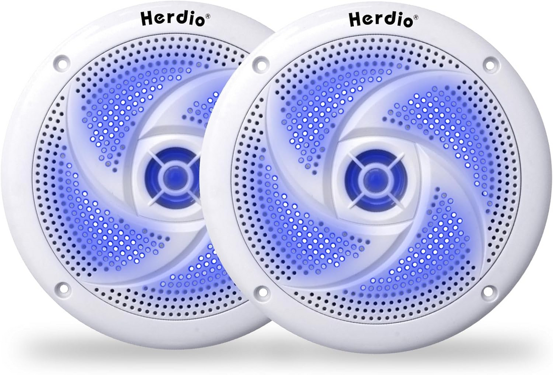 Herdio 5.25 inch waterproof marine speakers with LED lights in white - front view