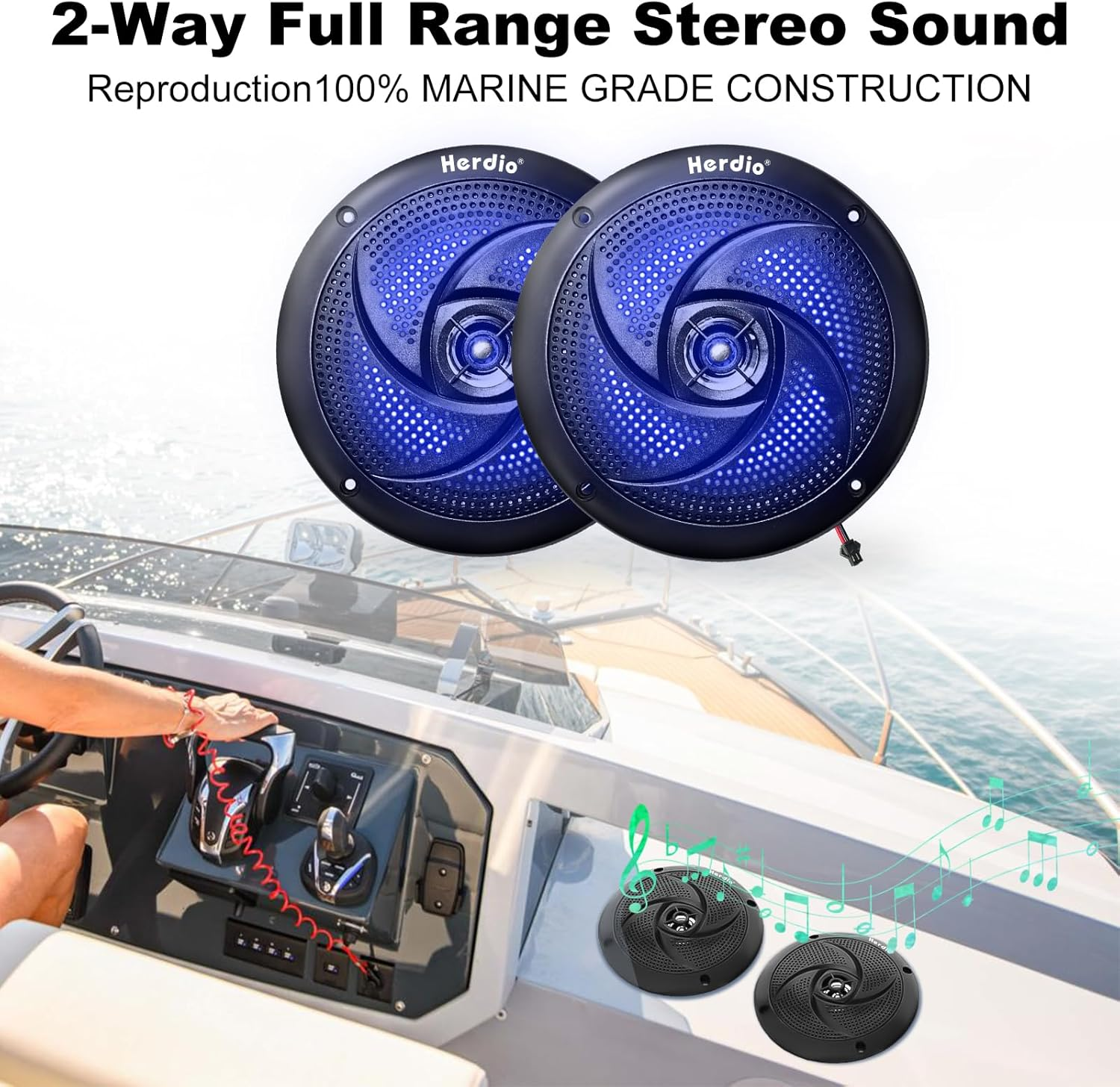 Herdio 5.25 Inch 160W Waterproof Marine Speakers - 2 Way Weather Resistant with LED Lights, and Low Profile Slim Style Suitable for Boat, RV, ATV, UTV, Golf Cart (1 Pair, White)