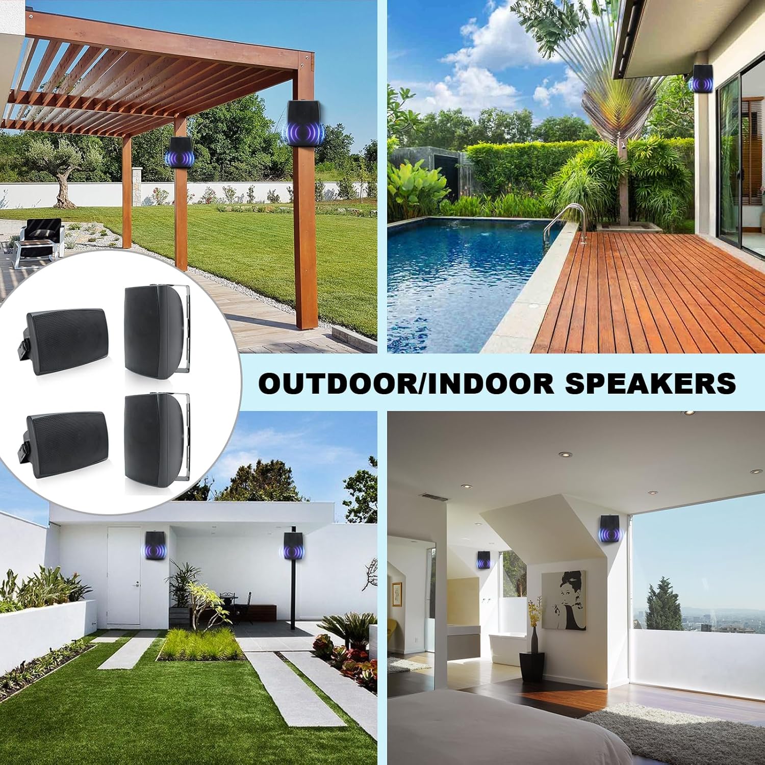 Herdio 6.5 Inch 800W Outdoor Bluetooth Speakers Wired Waterproof with Multifunctional Amplifier, Wall Mount Speakers for Patio Home Poolside Deck Backyard 4 Speakers