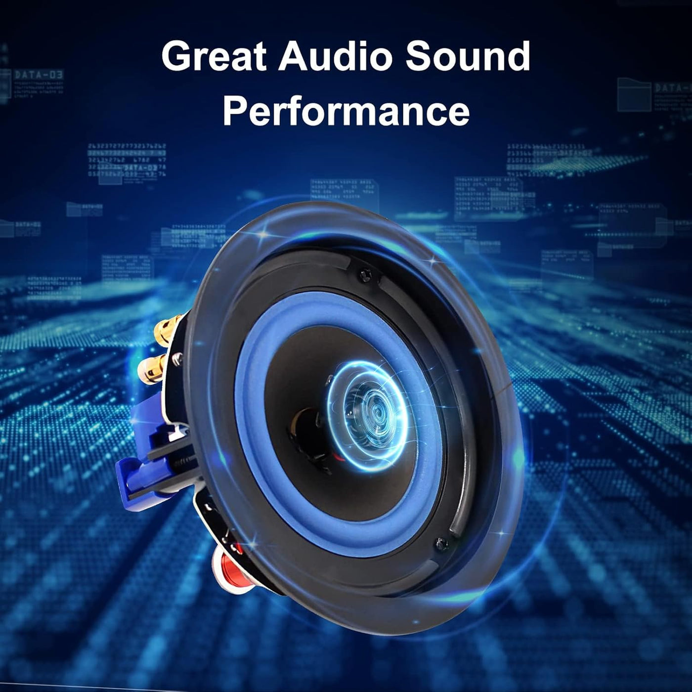 Herdio 4-inch in-ceiling speaker shown in an audio performance graphic