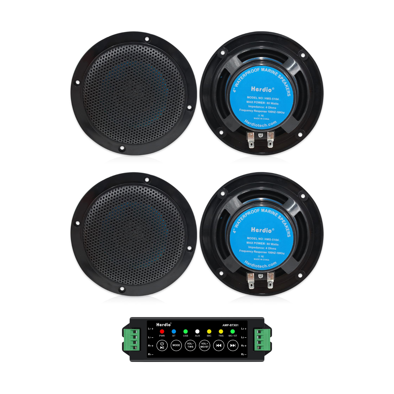 Herdio 4" Marine Bluetooth Speakers 320 Watts Waterproof Audio for Outdoor Use