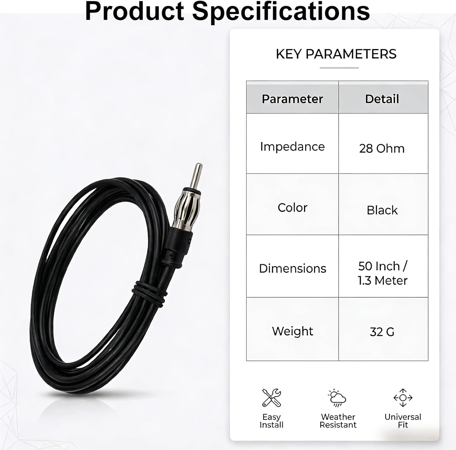 Herdio 50-Inch Marine FM Antenna | Soft Hideaway Dipole for Boat, Car & ATV (Black)