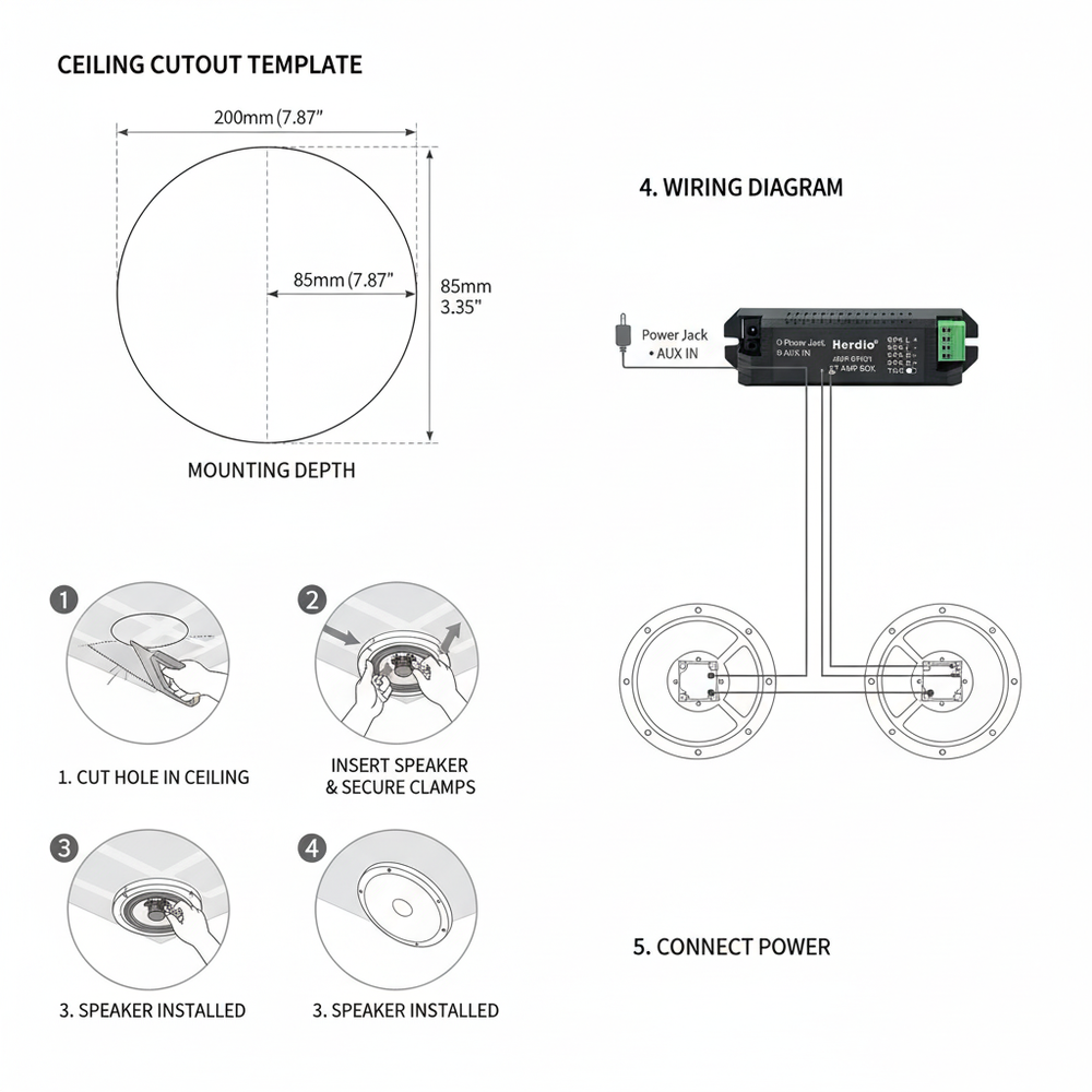Herdio 6.5 inch ceiling speaker installation dimensions and mounting diagram for in-ceiling setup