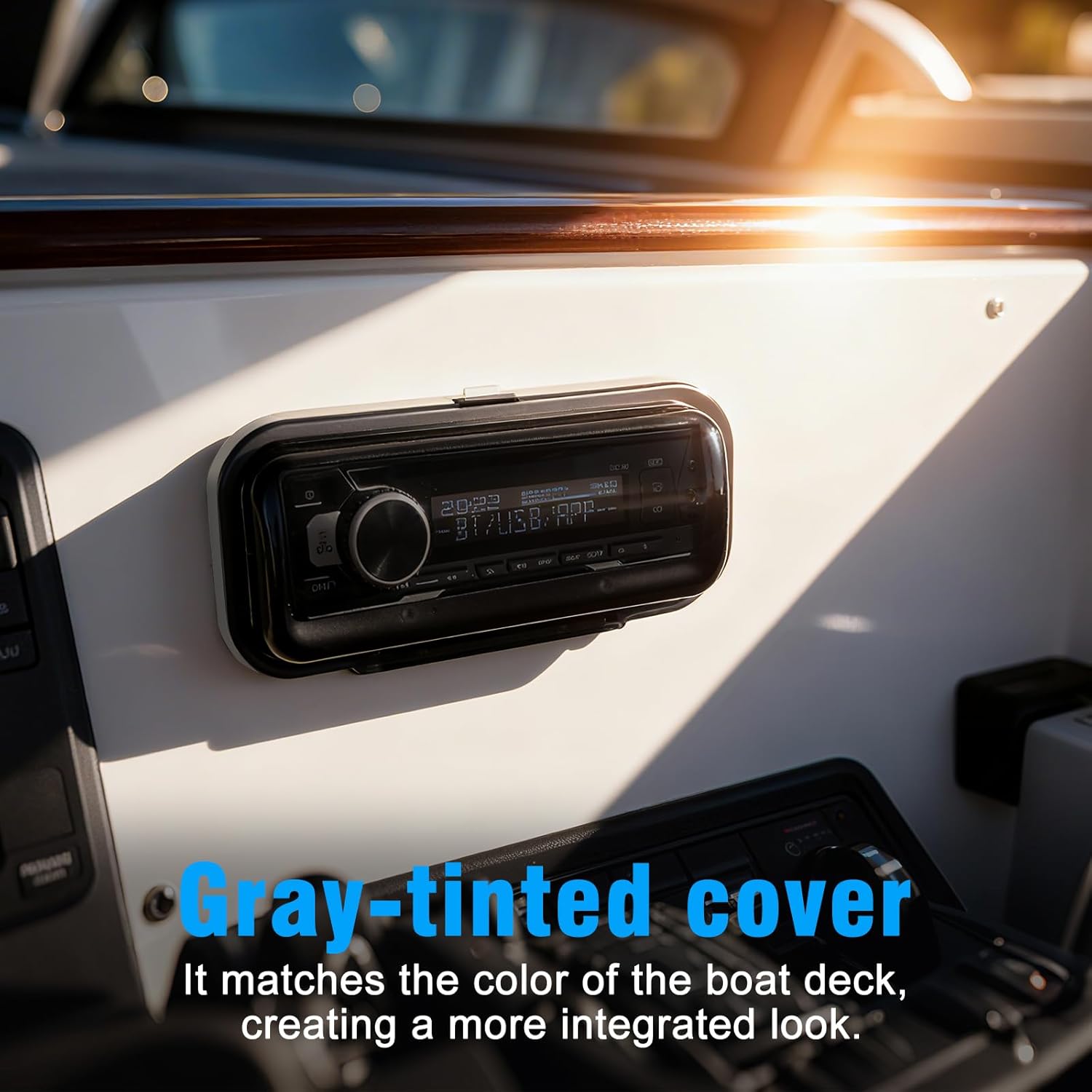 Herdio Water-Resistant Marine Stereo Cover | Smoke-Tinted Flip-Up Door with Spring Release & Mounting Gasket (White)