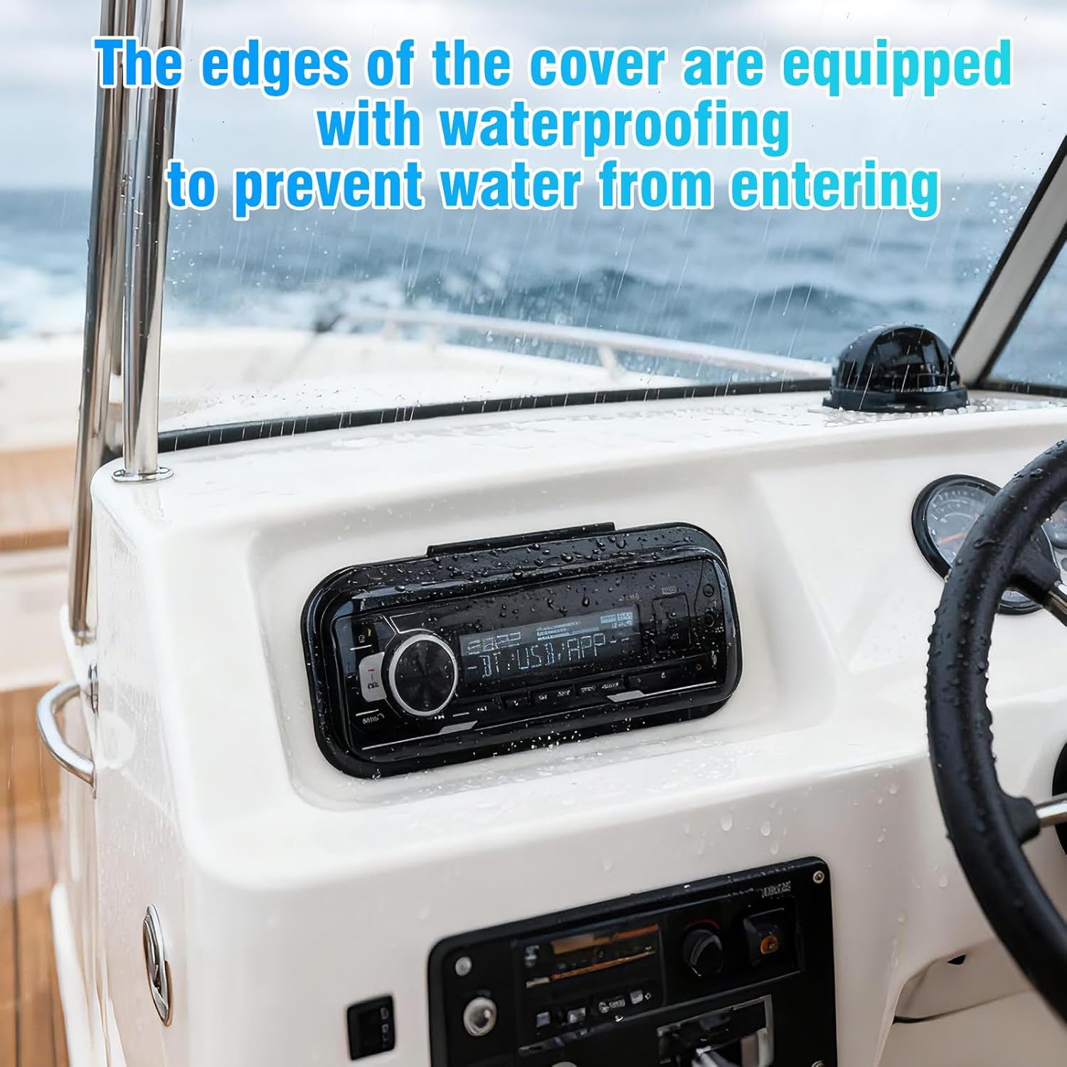 Herdio Universal Marine Stereo Cover | Water-Resistant Boat Radio Protector with Flip-Up Door & Neoprene Gasket (Black)
