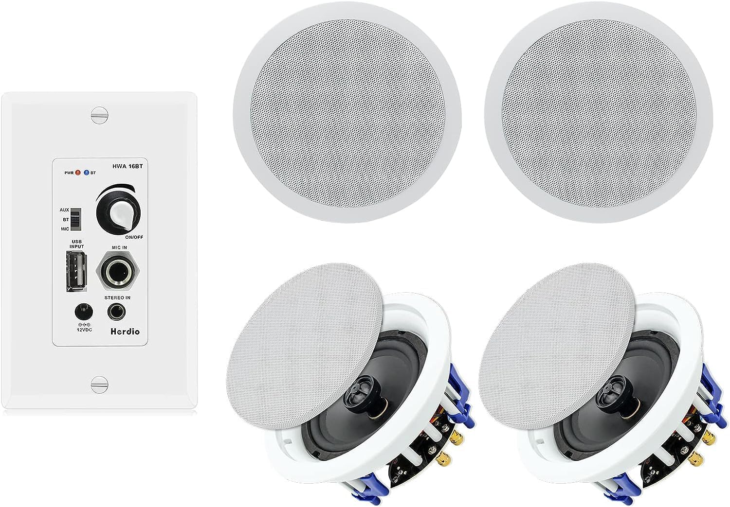 Herdio Flush Mount Ceiling Speakers 4" 5.25" 6.5" | Built-in Bluetooth Amplifier | In-Wall Home Theater Speaker (White, Pair)
