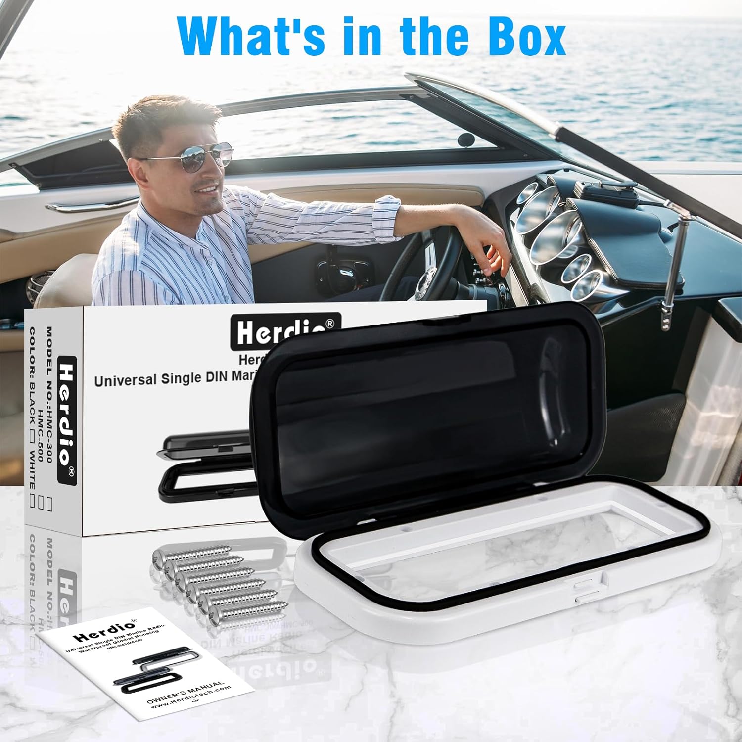 Herdio Water-Resistant Marine Stereo Cover | Smoke-Tinted Flip-Up Door with Spring Release & Mounting Gasket (White)