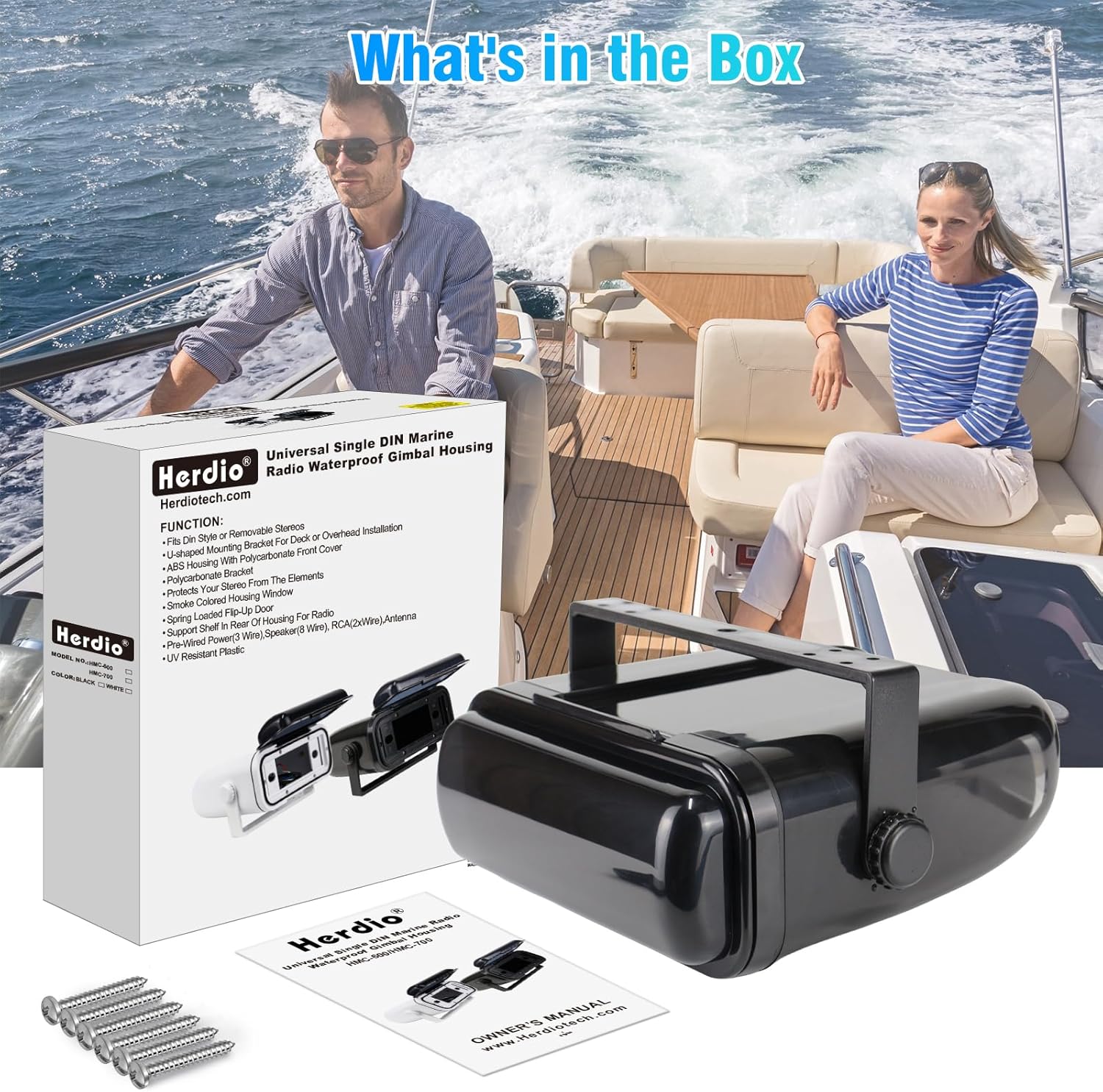 Herdio Universal Marine Stereo Cover | Water-Resistant Boat Radio Protector with Flip-Up Door & Neoprene Gasket (Black)