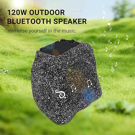 Herdio 8" Rock Speakers Outdoor Waterproof Bluetooth Wireless Solar Powered Max 120 Watt with Rechargeable Battery for Garden Patio Deck Pool Backyard(Single Gray)