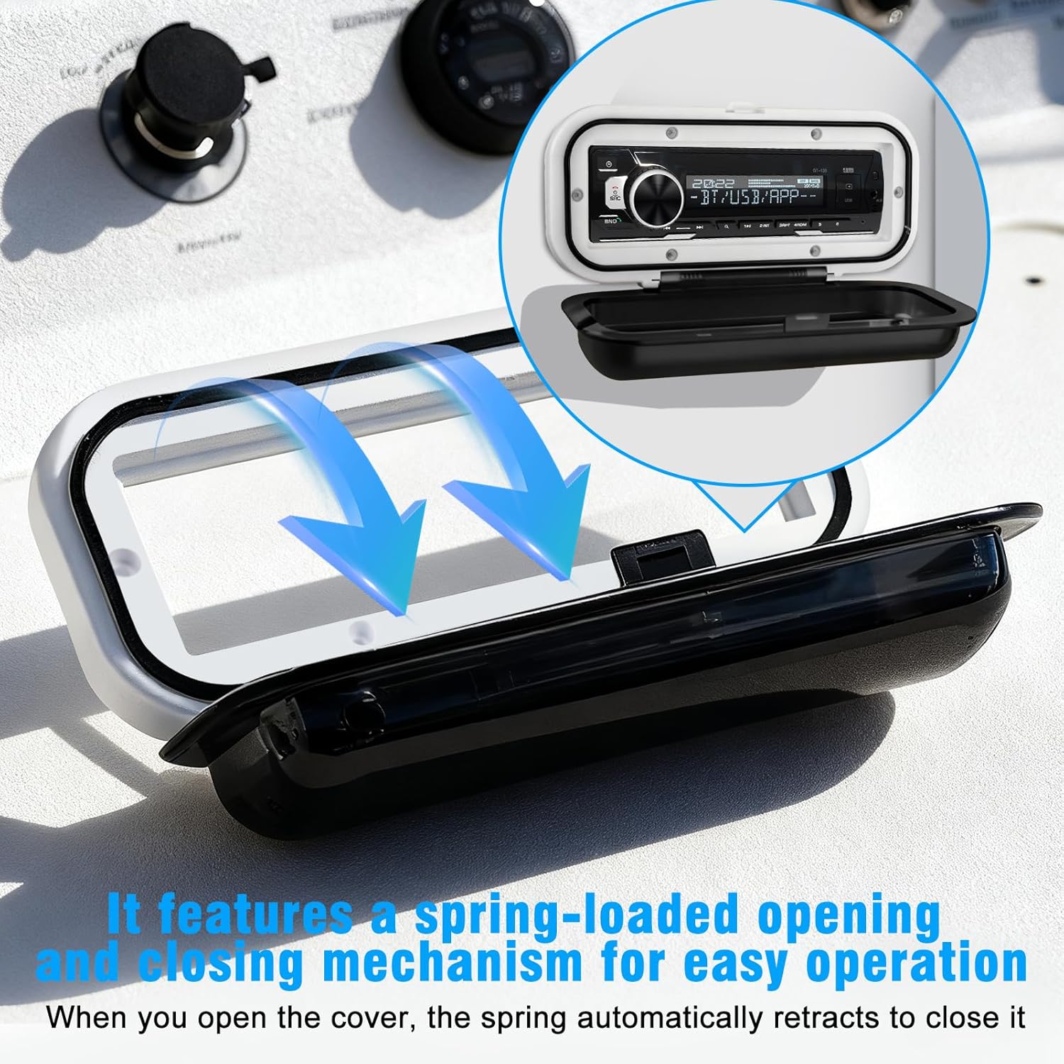 Herdio Water-Resistant Marine Stereo Cover | Smoke-Tinted Flip-Up Door with Spring Release & Mounting Gasket (White)