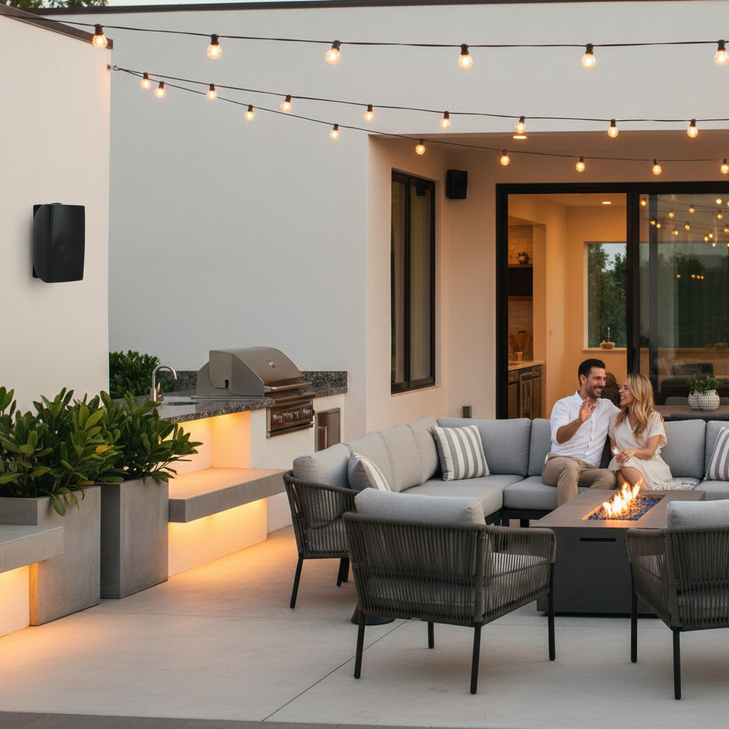 Herdio outdoor speakers installed on luxury patio with ambient lighting for outdoor entertainment
