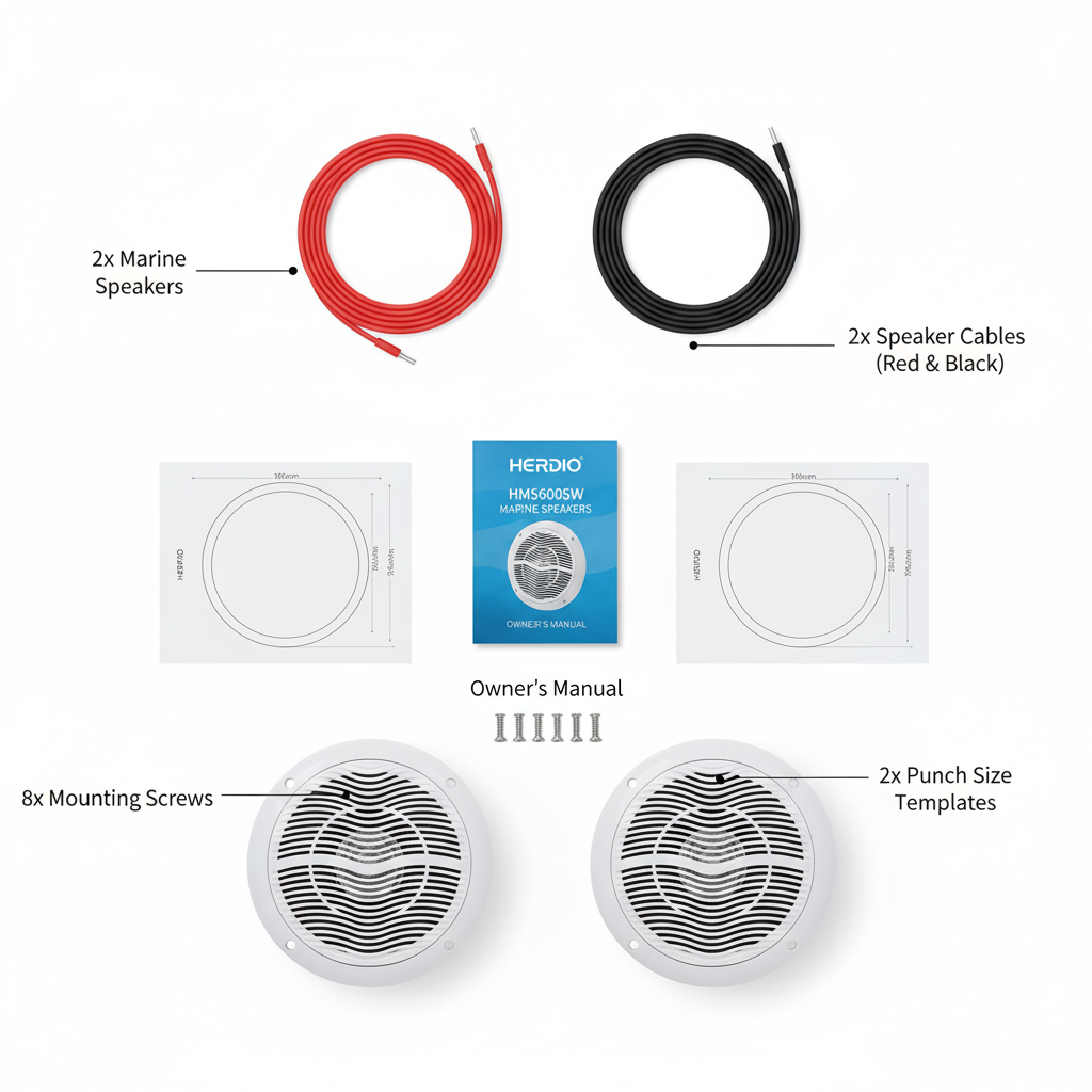 Herdio marine speakers package contents - speakers mounting hardware grilles manual