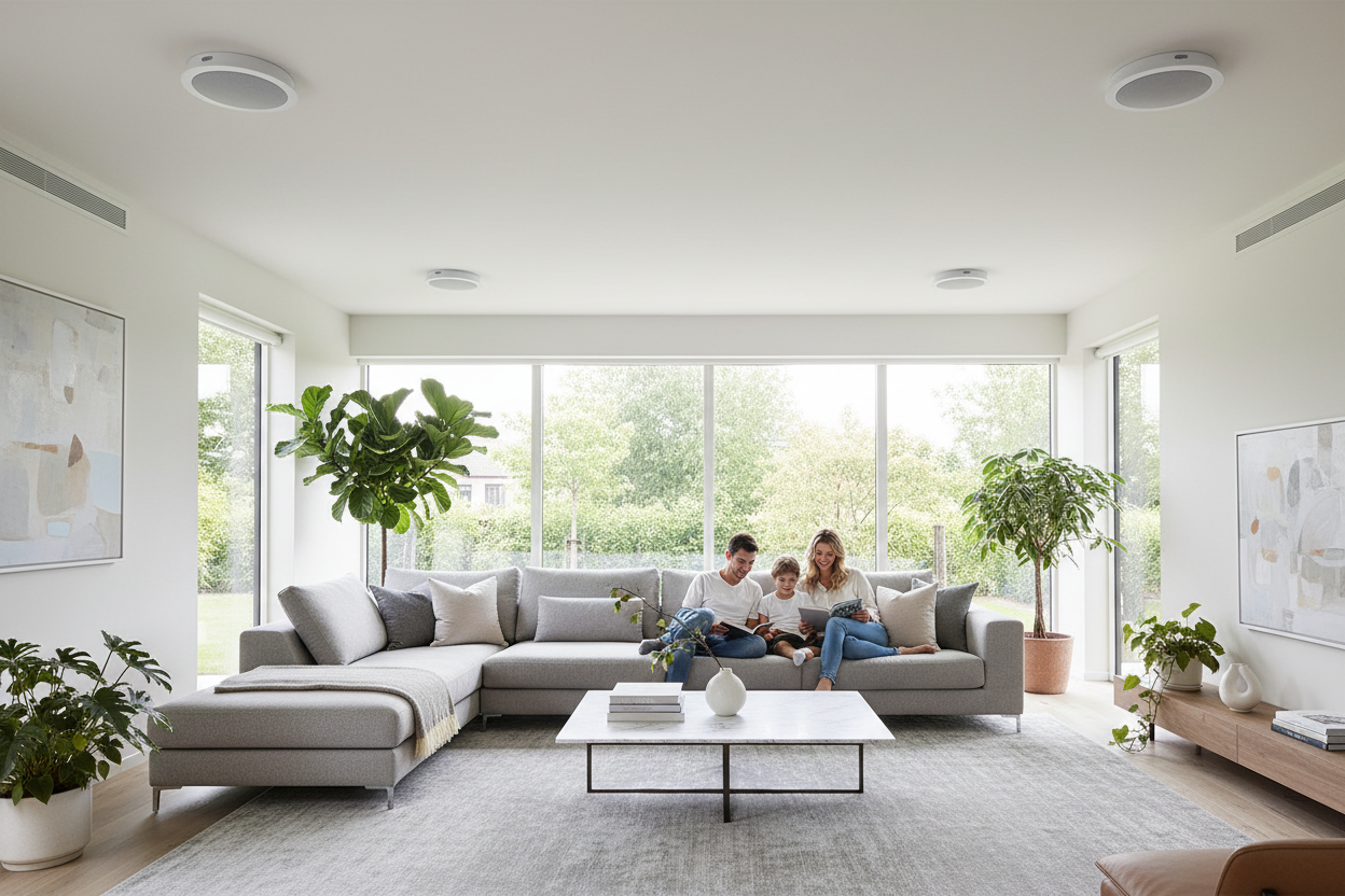 Ceiling speakers seamlessly integrated in modern living room interior design