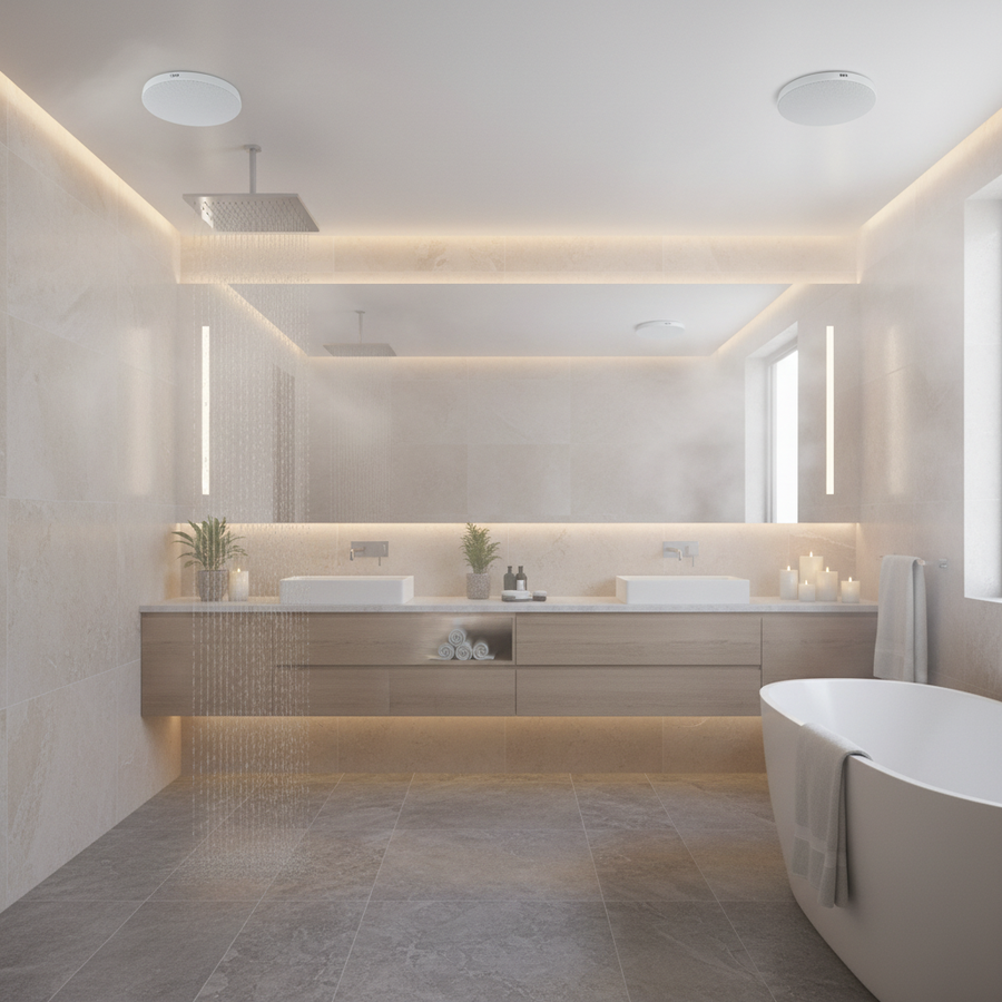 Moisture-resistant ceiling speakers installed in bathroom with white tiles for shower and spa audio