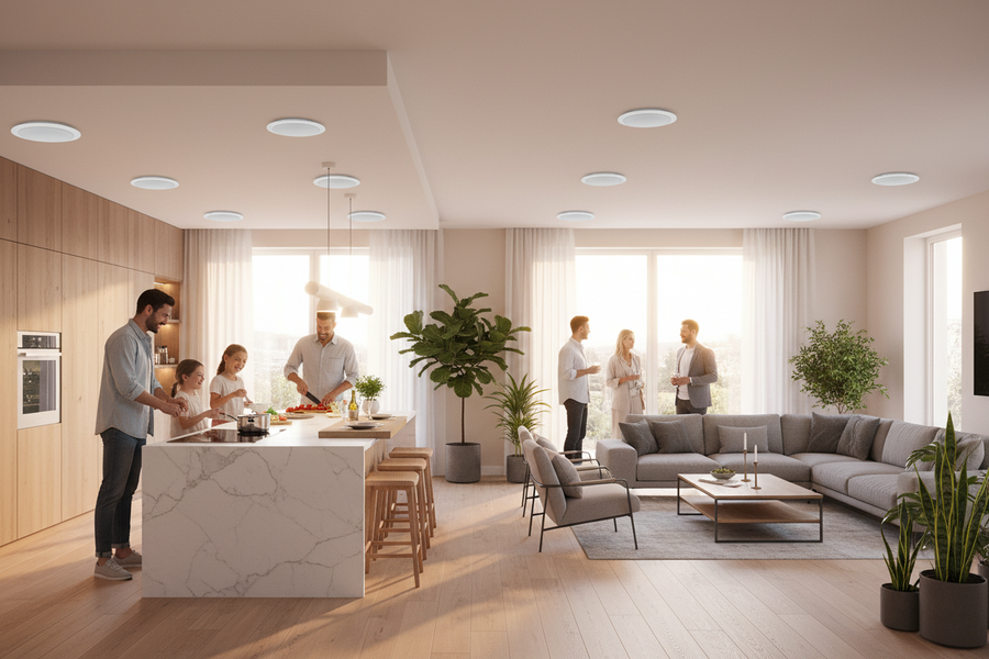 In-ceiling speakers for kitchen and living room home audio installation examples
