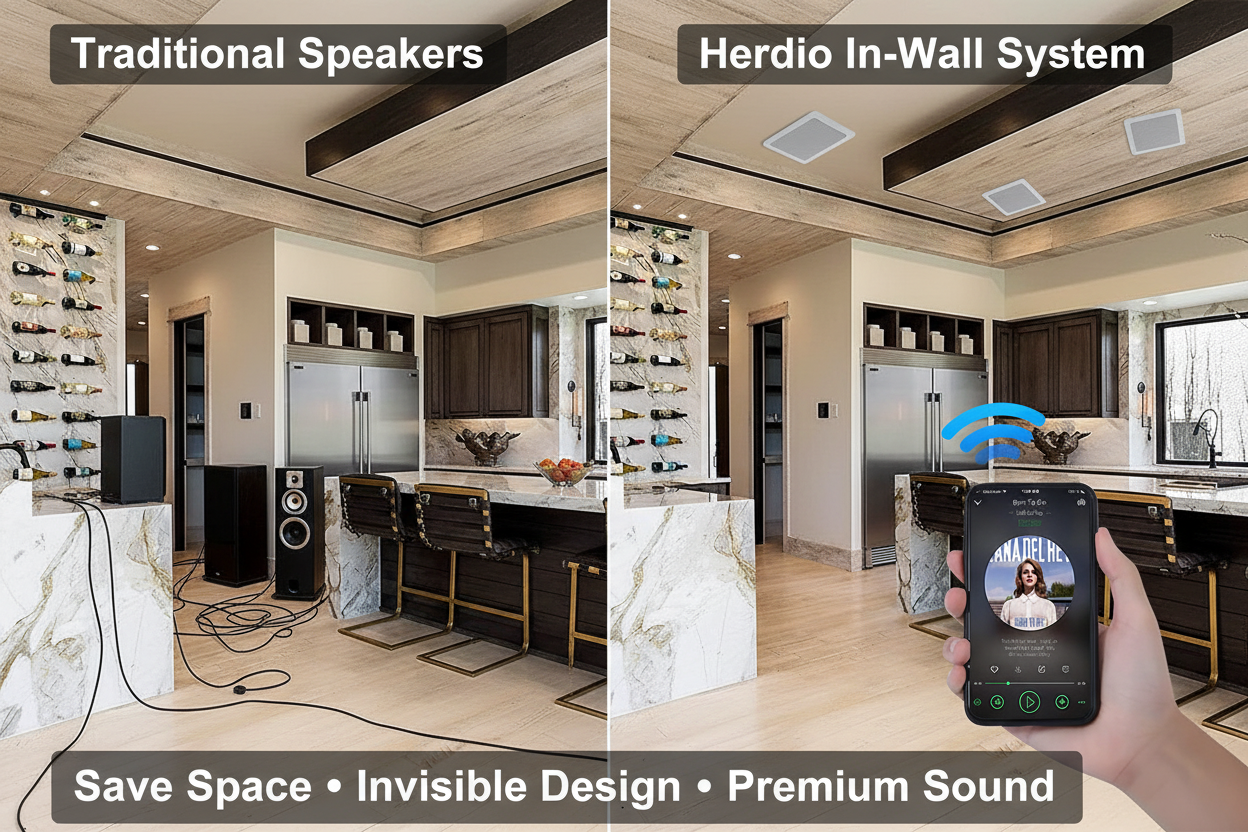 Herdio in-wall speaker before and after installation comparison in modern home interior