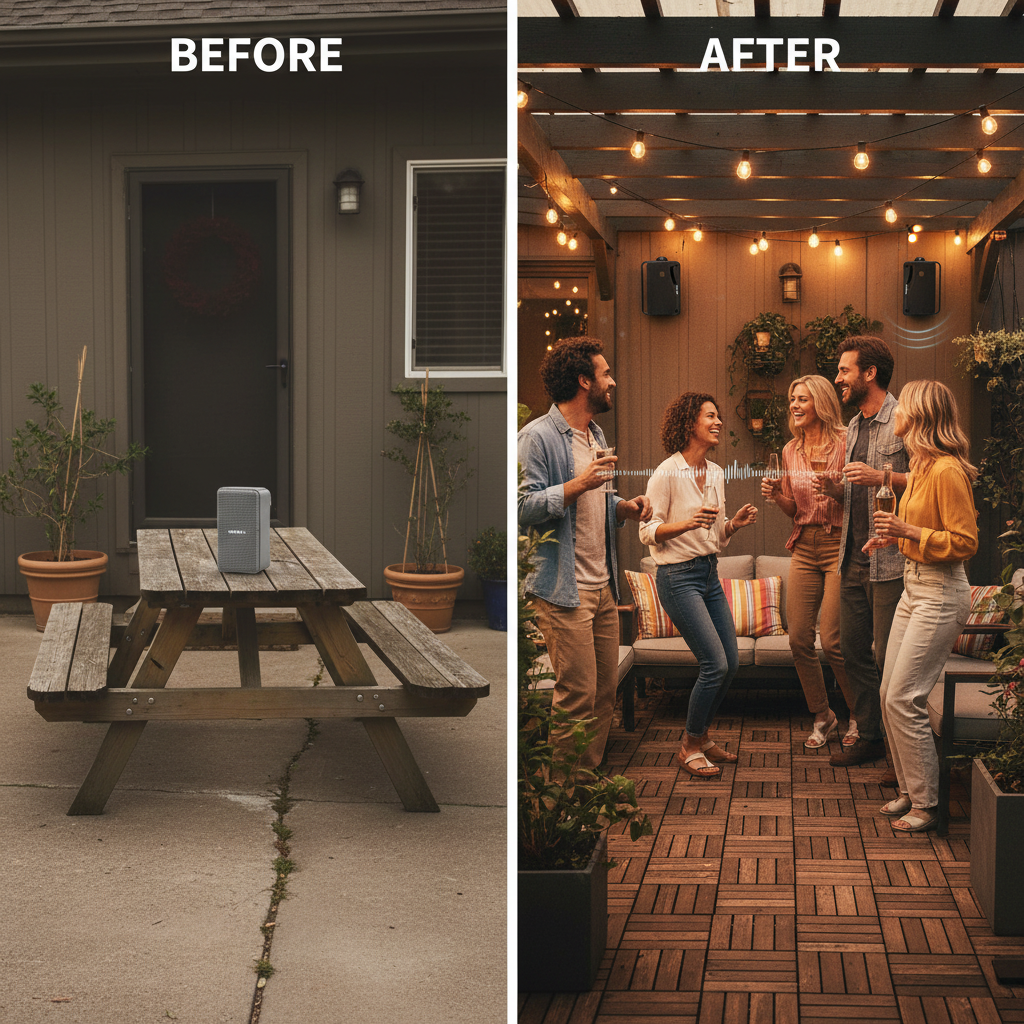 Herdio outdoor speakers front and back view - design and connection ports