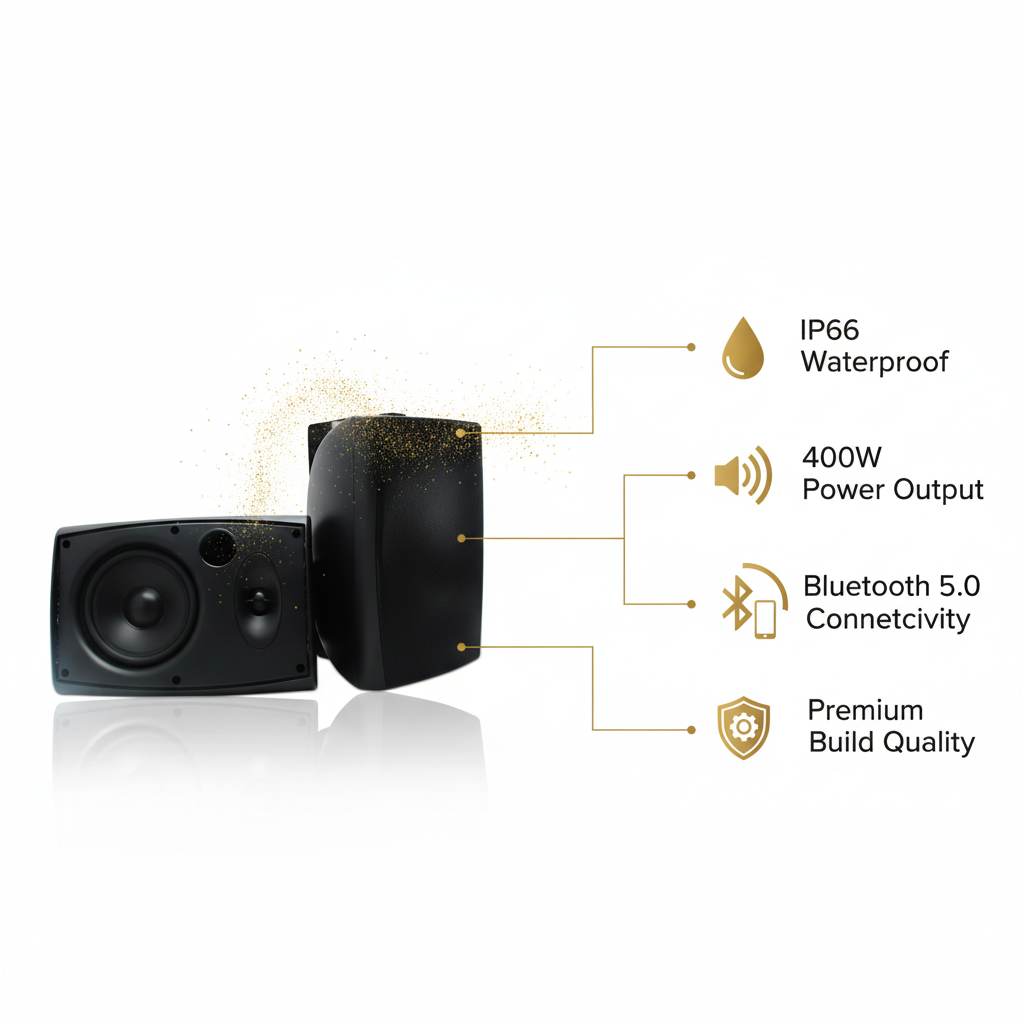 Herdio outdoor speaker features IP66 waterproof 400W power Bluetooth 5.0 connectivity infographic
