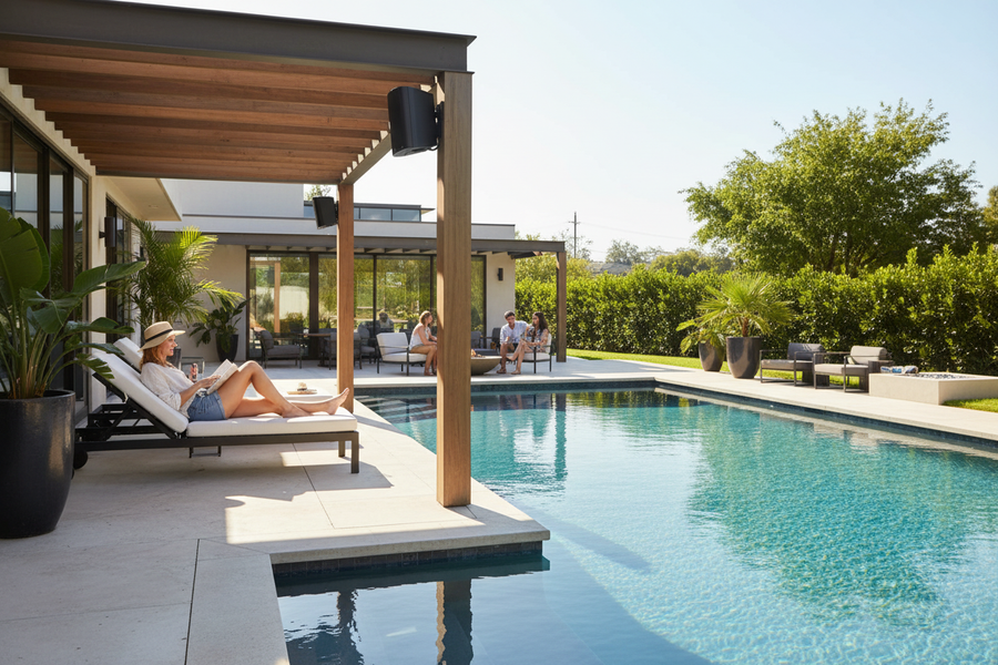 Waterproof outdoor speakers installed near swimming pool area providing high-quality wireless audio for poolside entertainment
