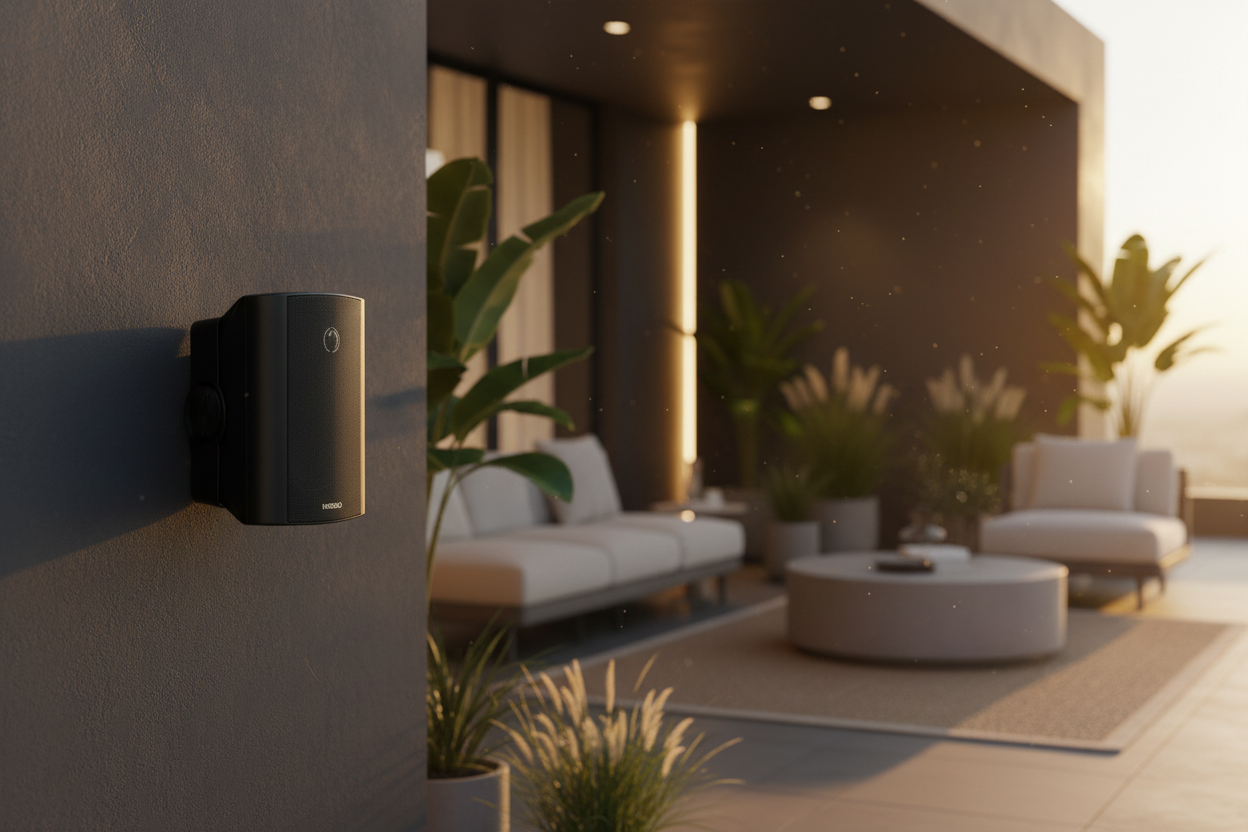 Herdio weatherproof outdoor speakers installed on luxury patio deck for premium outdoor entertainment
