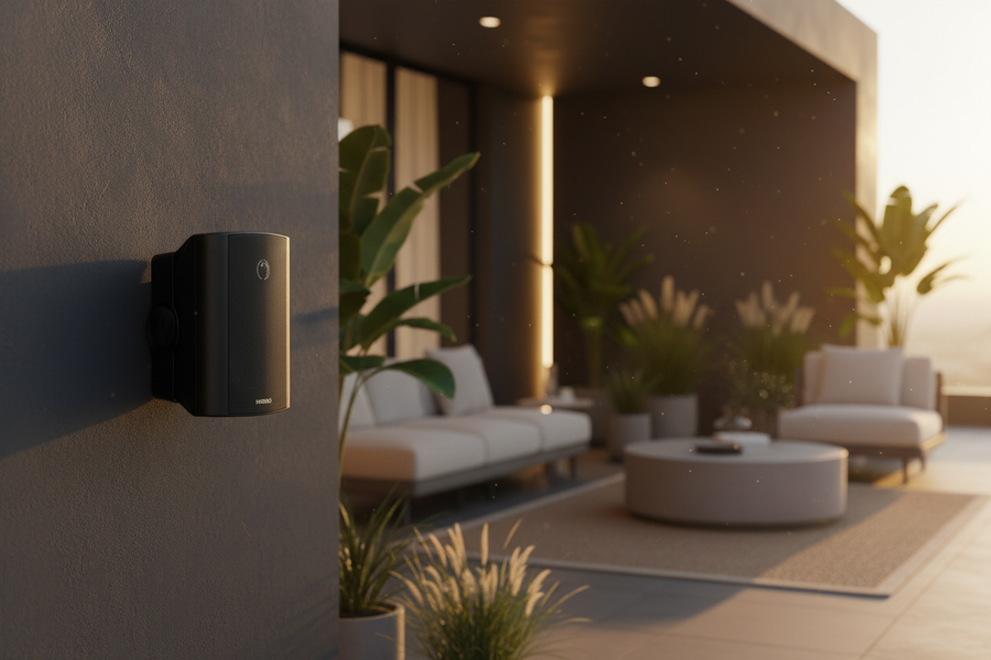Herdio weatherproof outdoor speakers installed on luxury patio deck for premium outdoor entertainment
