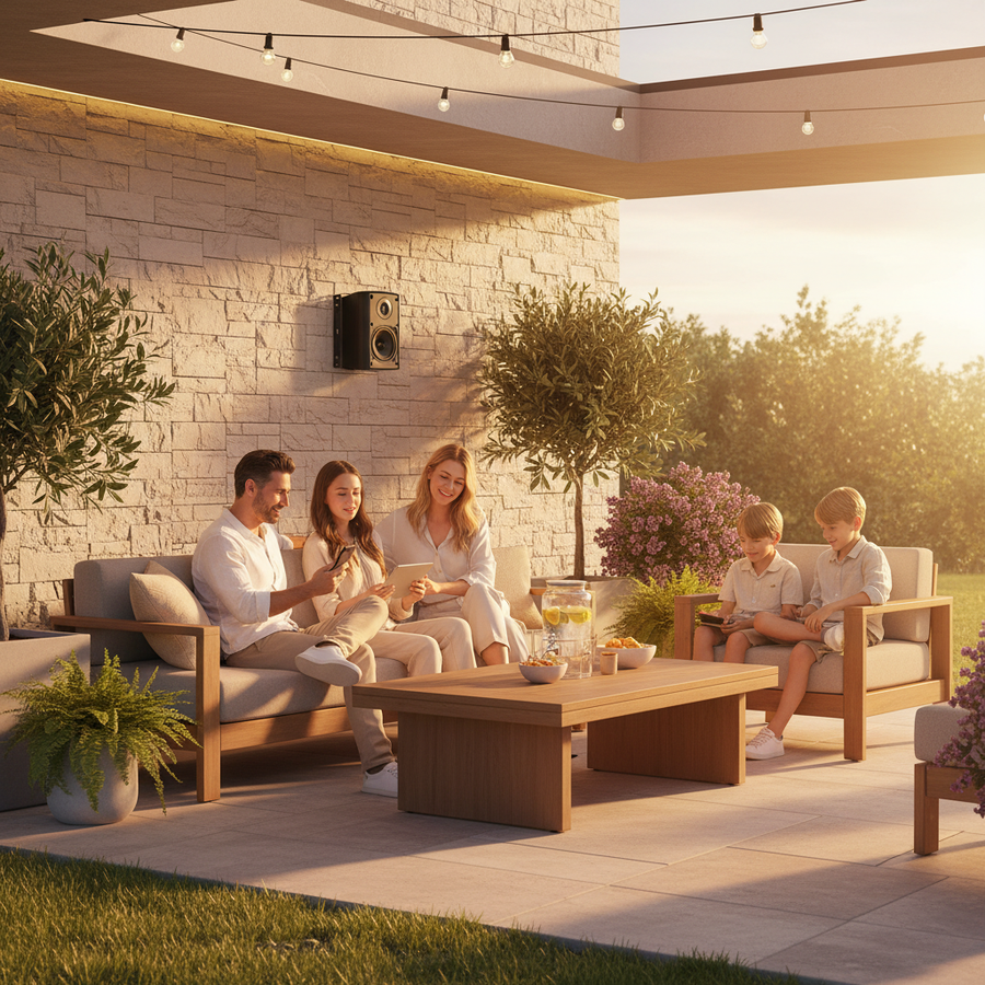 Herdio weatherproof speakers mounted on outdoor patio wall for garden entertainment