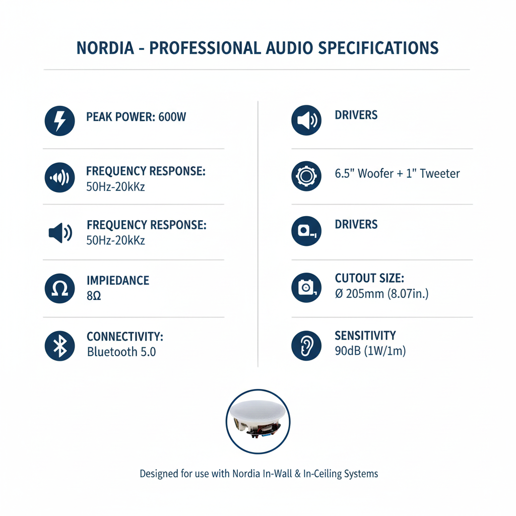 Technical specifications - 600W Bluetooth ceiling speakers power, frequency response, impedance