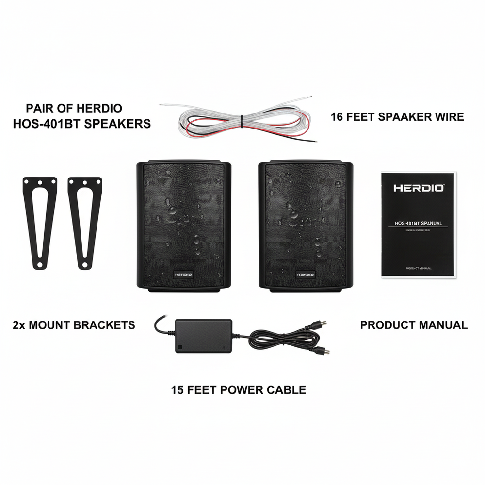 Herdio Bluetooth speaker package contents including mounting hardware and accessories