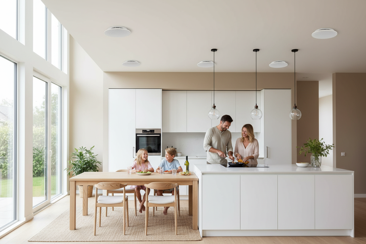  Herdio ceiling speakers installed in modern kitchen and dining room creating immersive home audio experience