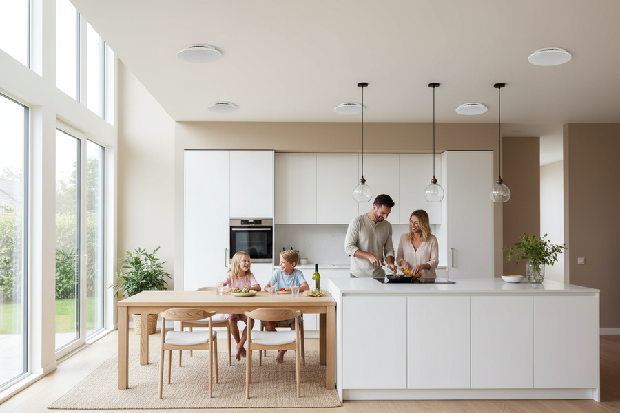  Herdio ceiling speakers installed in modern kitchen and dining room creating immersive home audio experience