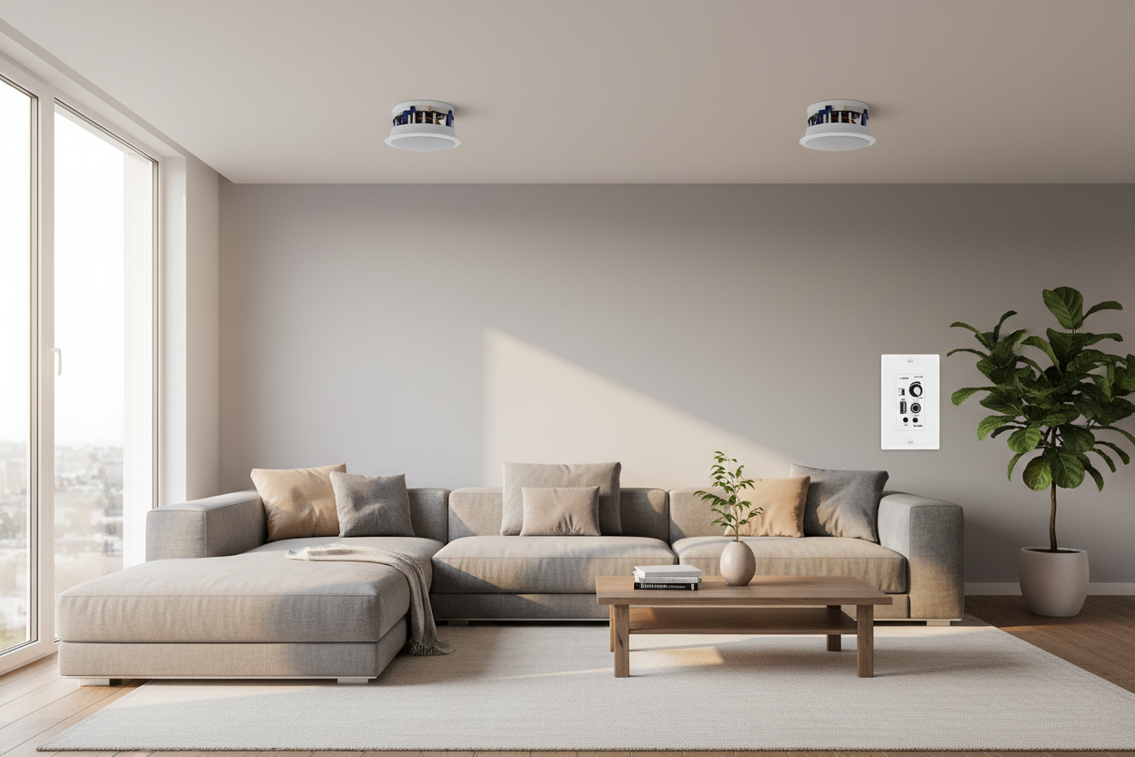 Herdio ceiling speakers installed in modern living room with premium white finish