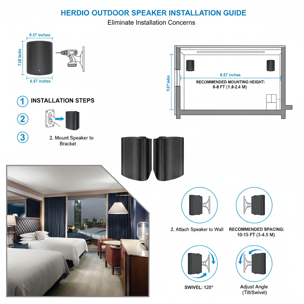 Herdio outdoor speaker installation diagram with mounting bracket and wiring instructions