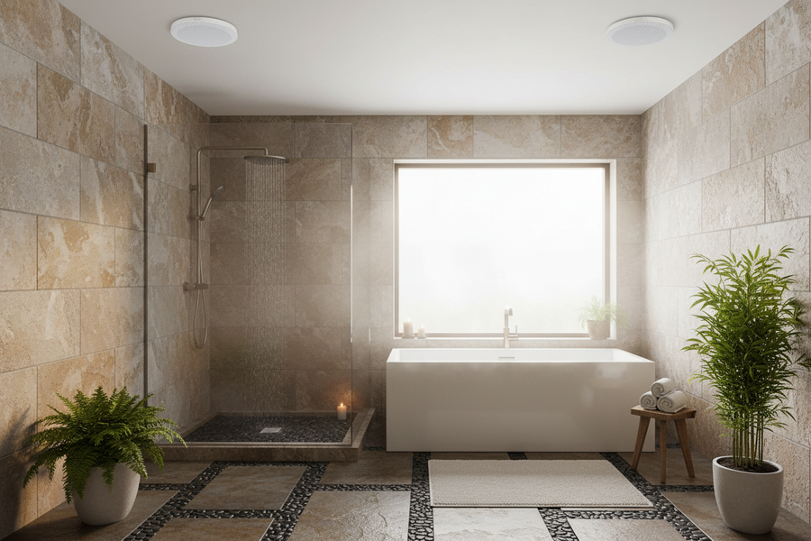 Moisture-resistant ceiling speakers for bathroom audio system with 89dB sensitivity and 8 ohm impedance

