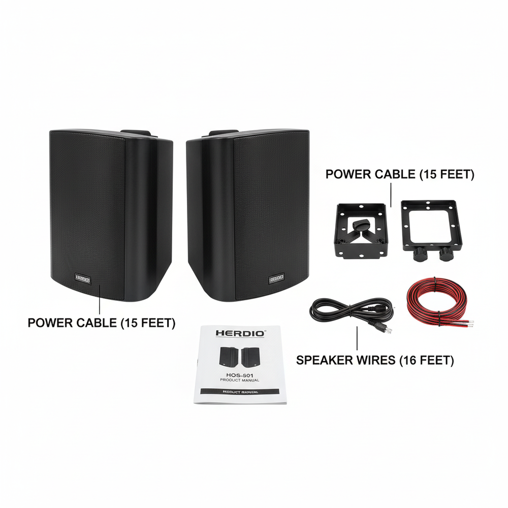 Herdio outdoor speaker package contents - speakers, mounting hardware, and installation accessories
