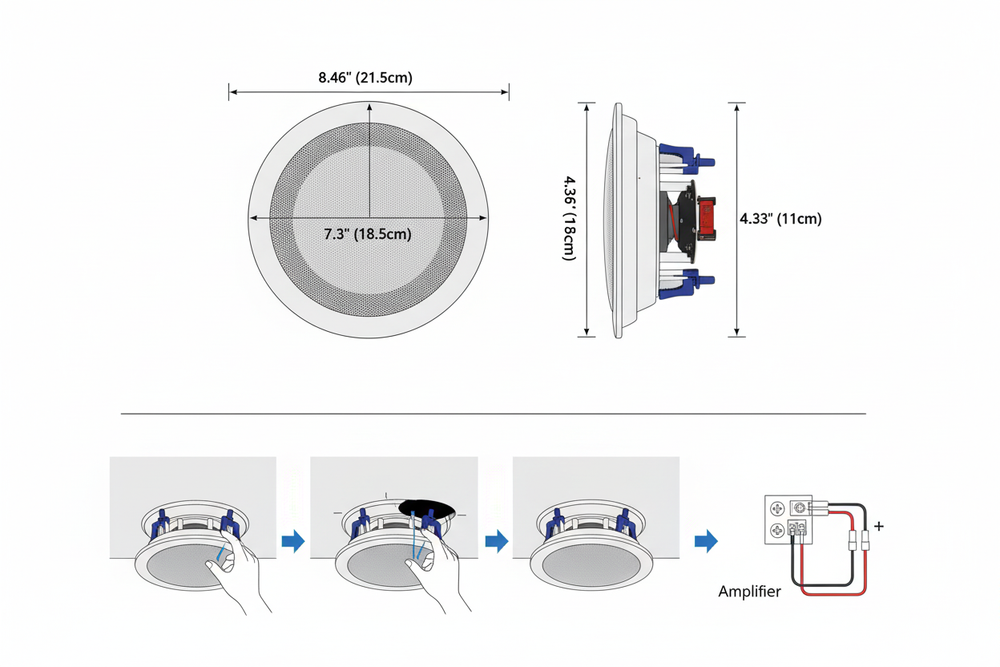 Installation dimensions and cutout specifications for ceiling speaker mounting