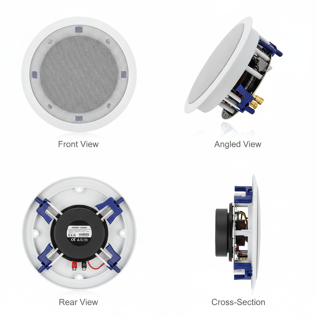 Herdio 6.5 inch ceiling speaker four-view product showcase - front, back, side angles