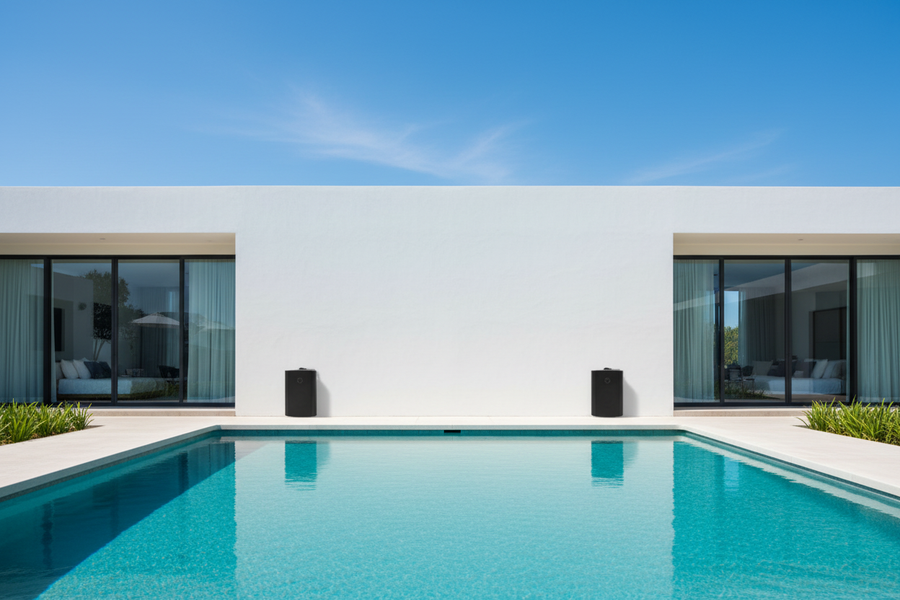 Herdio weatherproof speakers by infinity pool creating outdoor audio ambiance for poolside entertainment

