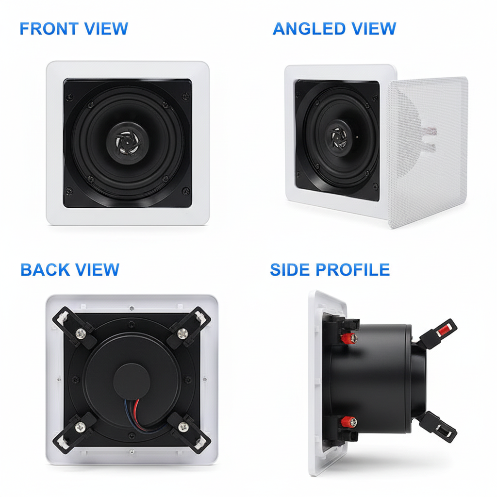 Herdio 5.25" Bluetooth in-wall speakers shown from multiple angles - front, side and back views