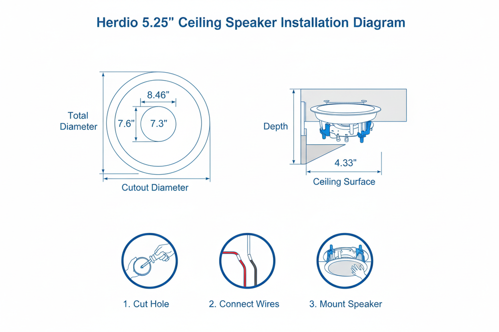 Ceiling speaker installation diagram showing cutout dimensions and mounting instructions
