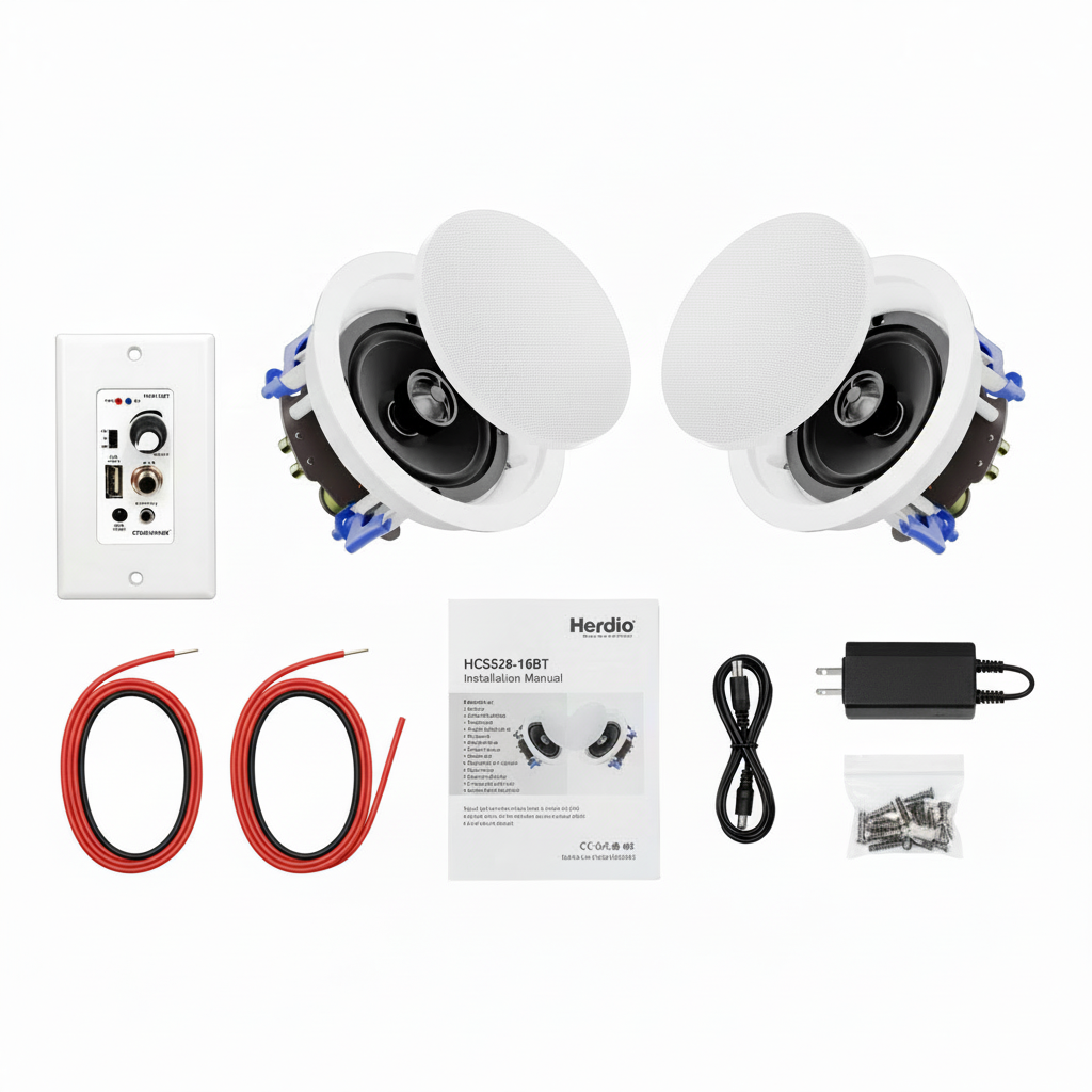Bluetooth ceiling speaker package: pair of 5.25 inch speakers, amplifier, wiring, installation manual