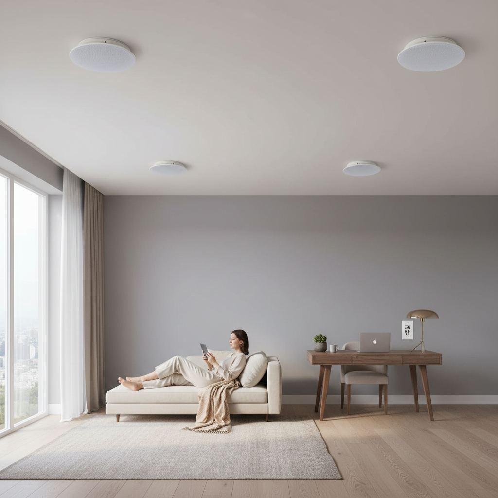 Bluetooth ceiling speakers installed in office and bedroom - flush mount design