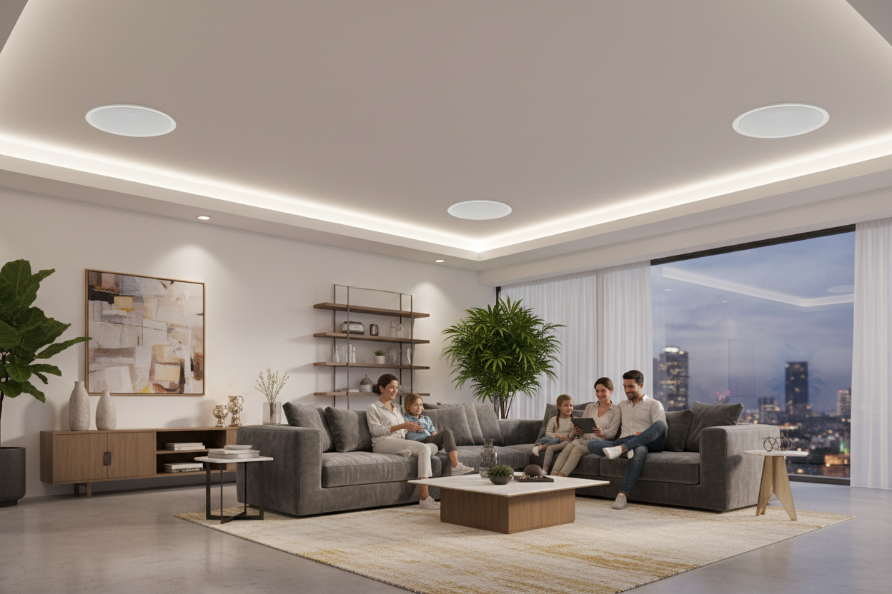 Wireless Bluetooth ceiling speakers installed in modern living room for whole home audio streaming