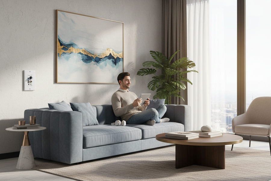Herdio Bluetooth Amplifier Installed in Modern Living Room - Home Audio System Setup