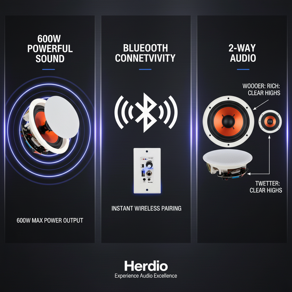 Herdio ceiling speakers key features - 600W power, Bluetooth connectivity, 2-way audio system