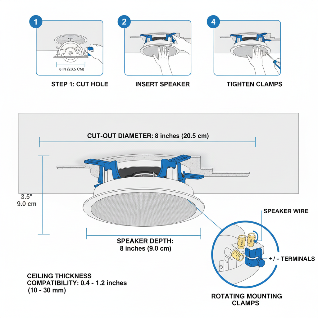 Herdio in-ceiling speaker installation diagram - cutout dimensions and wiring schematic for professional setup
