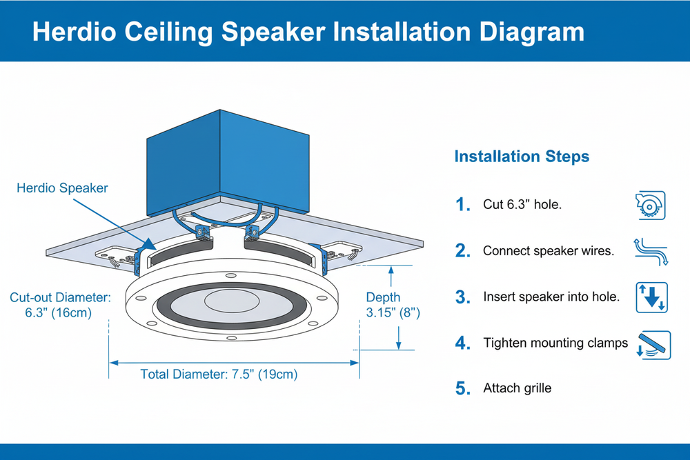 Ceiling speaker installation dimensions: 7.5 inch diameter, 6.3 inch cutout, 3.15 inch depth mounting guide
