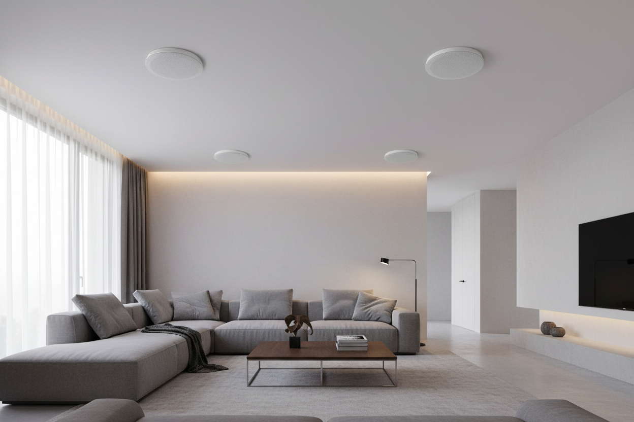 Premium ceiling speakers installed in modern living room creating immersive stereo sound system

