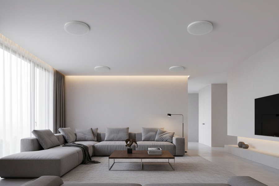 Premium ceiling speakers installed in modern living room creating immersive stereo sound system
