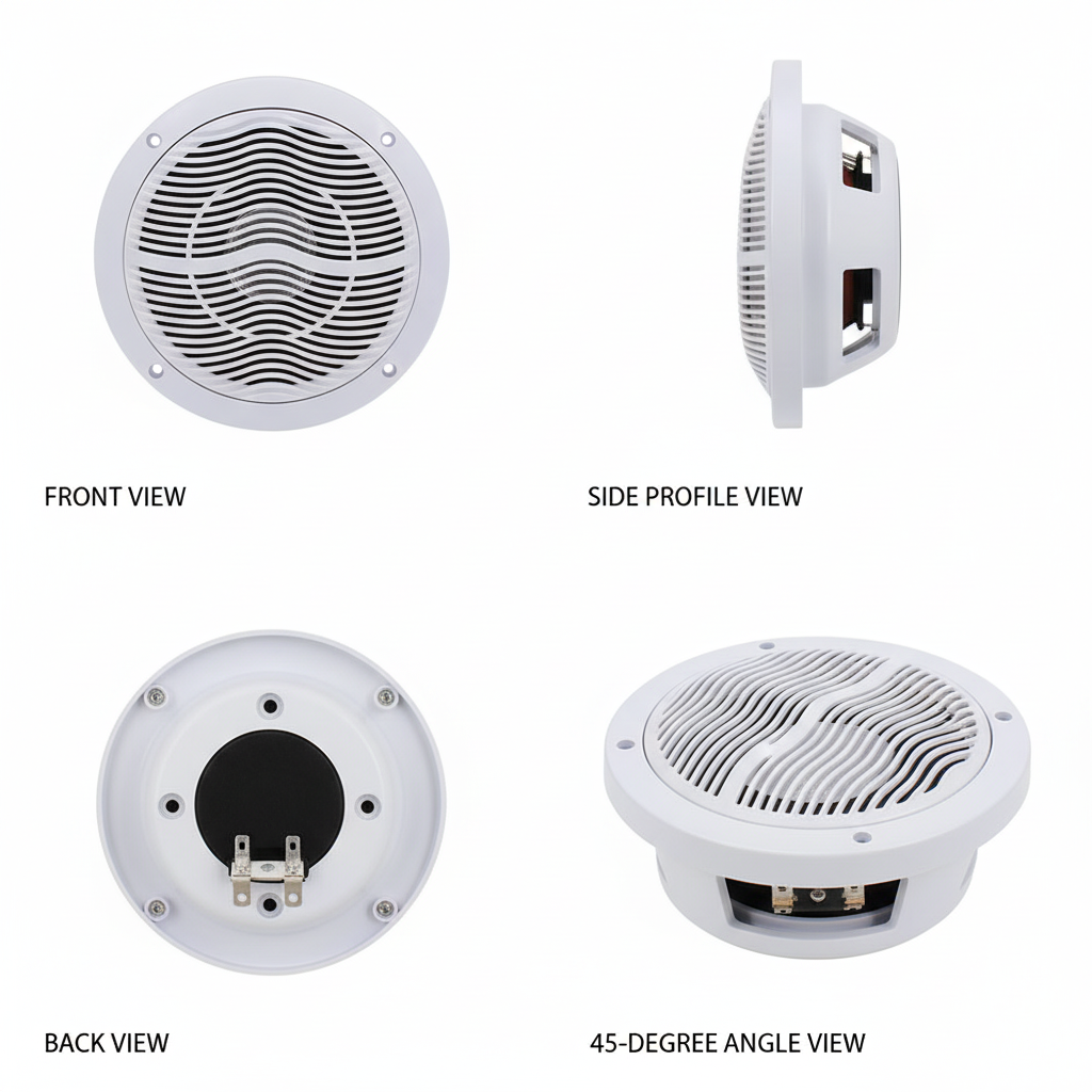 Herdio HMS-6005W marine speakers multiple angles showing white grille and construction