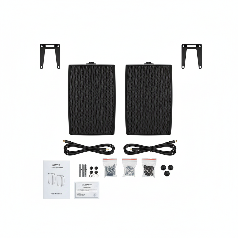 Herdio 8-inch outdoor speaker package contents and mounting accessories